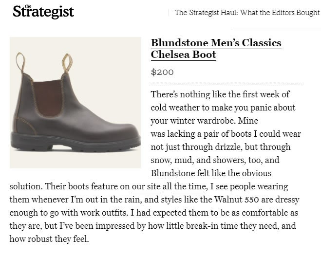 Editors Choice Review's Blundstone in NYMag's The Strategist